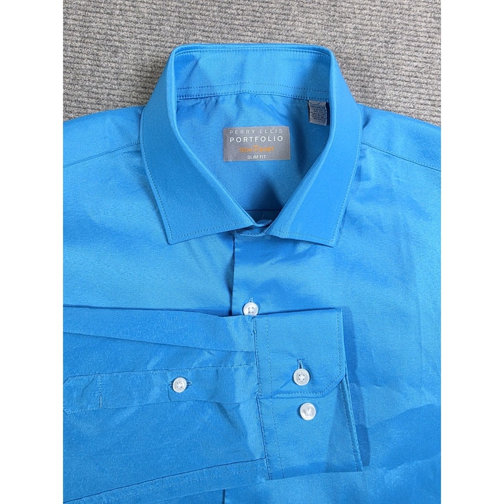 Perry Ellis Portfolio The Tech Shirt Mens Ice Blue Long Sleeve Slim Fit 16.5